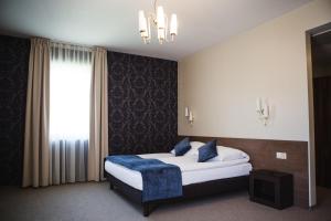 波德拉谢地区别尔斯克Hotel Cztery Pory Roku的一间卧室配有一张带蓝色毯子的床和窗户。