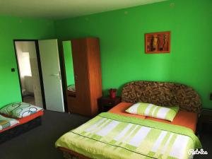 罗兹瓦多夫Penzion Fáfa的绿色卧室配有床和镜子