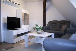 奎德林堡Apartments anno 1560的客厅配有电视、沙发和桌子