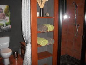 阿格奈什沃特森林小屋：巴厘风情酒店的浴室配有淋浴、毛巾架和毛巾架。