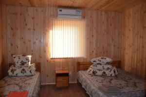 维尔科沃Pelican City的配有木墙和窗户的客房内的两张床
