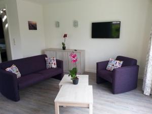 东卡佩勒Dunopark Villa的客厅配有两张紫色沙发和一张茶几