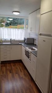 塞尔福斯Selfoss Apartment的厨房配有白色橱柜、水槽和冰箱。