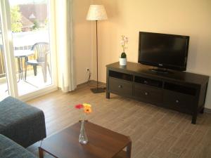奥斯特巴德里克Ferienwohnung Rerik的客厅配有电视和鲜花桌