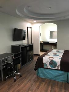 斯普林美国休斯顿最佳价值旅馆的一间卧室配有一张床、一张书桌和一台电视