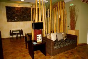 普拉亚Hotel Praia Confort的客厅配有沙发和一束滑雪板