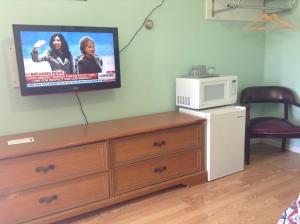 萨拉托加泉Robin Hood Motel的一间配有微波炉的客房和墙上的电视