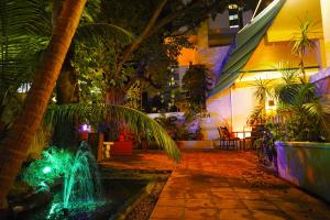 圣胡安德尔加勒比旅馆的夜晚在庭院中间的一个喷泉