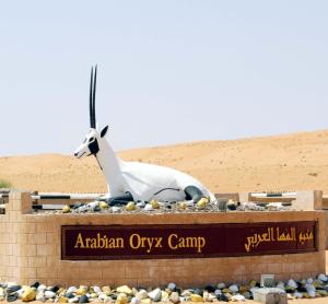 Shāhiq阿拉伯大羚羊营第旅馆的坐在标志上的小山羊雕像