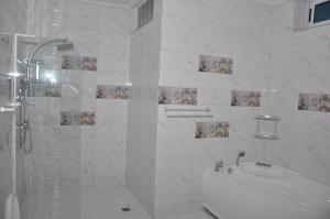 洛美Rosalie's Suites的带淋浴和盥洗盆的白色浴室