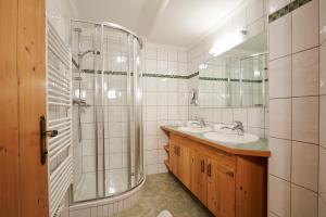 莱奥冈格伦沃尔德美食酒店的带淋浴、盥洗盆和镜子的浴室