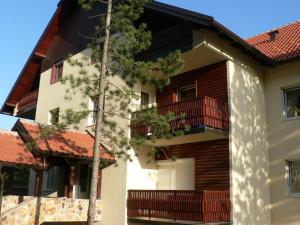 兹拉蒂博尔Apartman Sneznik的一座带木阳台和树的建筑