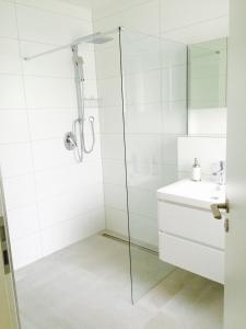 施瓦巴赫Apartment Living的带淋浴和盥洗盆的白色浴室