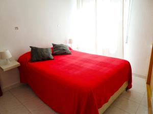 马拉加Dream Apto Old Town的窗户客房内的一张红色的床