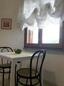 卡利亚里Rosa's House - zona ospedaliera的一张桌子、两把椅子和一扇窗帘窗户