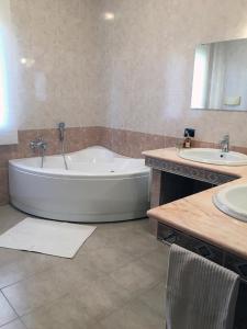 卡利亚里Rosa's House - zona ospedaliera的带浴缸和两个盥洗盆的大浴室