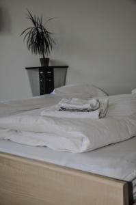 比尔B&B im Herzen von Biel的床上有一堆白色毛巾