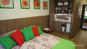 瓦尔纳City Studio Rent Varna的一间卧室配有带绿色和红色枕头的床