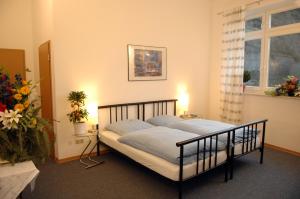 圣戈阿尔斯豪森纳绍尔霍夫酒店的一间卧室配有一张带蓝色床单的床和一扇窗户。