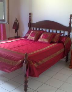 勒迪亚芒La belle Mullane的卧室内的一张带红色棉被和枕头的床