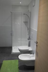 里约·迪·普斯特里亚Appartement Fischnaller的带淋浴、卫生间和盥洗盆的浴室
