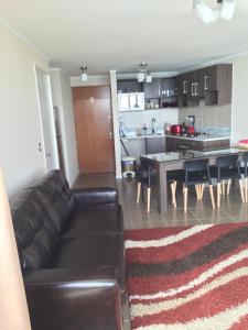 阿尔加罗沃Arenamaris Apartment的一间带真皮沙发的客厅和一间厨房