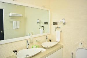 努沃勒埃利耶Highland Stonehouse的一间带两个盥洗盆和大镜子的浴室