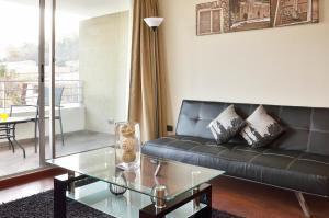圣地亚哥Norus Providencia的客厅配有黑色沙发和玻璃桌
