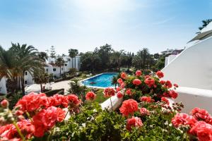 马贝拉珊瑚海滩公寓式酒店的从带红花的度假村阳台上可欣赏到风景