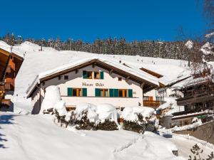 莱赫阿尔贝格Haus Odo的一座被雪覆盖的建筑,有树为背景