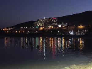 尼夫佐哈尼夫佐哈玫瑰死海旅馆的城市的灯光在夜间反射到水面