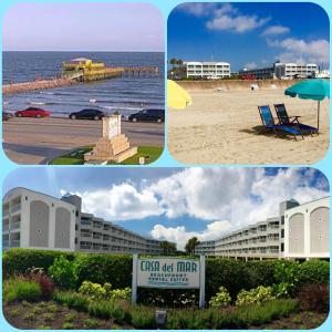 加尔维斯敦Casa Del Mar Beach View的海滩与酒店和海洋的四张照片