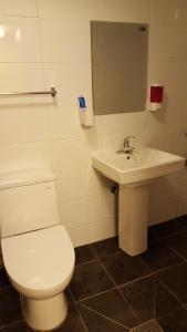 釜山斯里旅馆的浴室配有白色卫生间和盥洗盆。