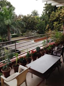 钱德加尔Luxurious Homestay- Chandīgarh的阳台配有桌椅,种植了盆栽植物