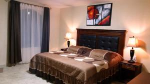 贝纳尔Hotel Villa Bernal的一间卧室配有一张带两盏灯的床和一扇窗户。