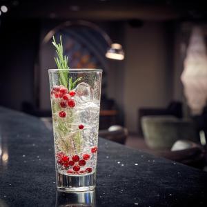 万塔Comfort Hotel Xpress Helsinki Airport Terminal的桌子上放着一杯水,上面放着蔓越莓