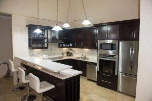 苏莎亚Hispaniola Luxury Ocean Front Condo的厨房配有木制橱柜和不锈钢用具