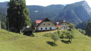 索尔察瓦Tourist farm Gradišnik的山丘上一组房子,背景是山丘