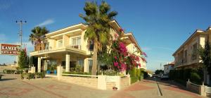 切什梅Kamer Exclusive Hotel & Suites的街道前有棕榈树的房子