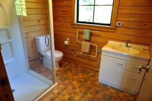 亚历山德拉米拉贝尔小木屋汽车旅馆的浴室配有卫生间、盥洗盆和淋浴。