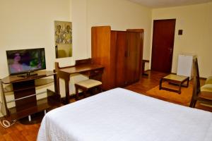 佩洛塔斯Hotel Estoril的一间卧室配有一张床、一张书桌和一台电视