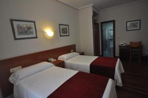 圣塞瓦斯蒂安阿拉米达膳食公寓的酒店客房设有两张床和一张桌子。