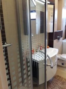 杰尔City Centre Apartment的带淋浴、卫生间和盥洗盆的浴室