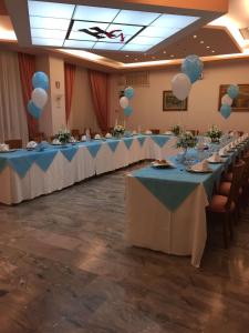 罗切拉伊奥尼卡吉安弗兰科公园酒店的蓝色和白色装饰的房间里一排桌子