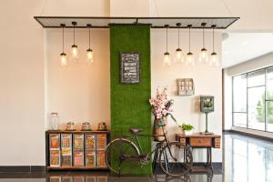 马六甲冠晶酒店的绿色墙壁的房间里一辆自行车
