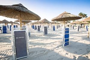 蒙特西尔瓦诺海狮酒店的海滩上有许多稻草遮阳伞和蓝色椅子
