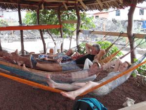比亚米尔港卡米内特旅馆的一群人躺在海滩上的吊床上