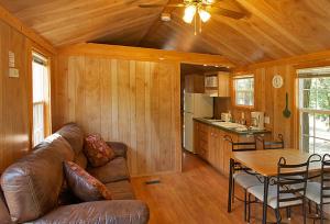 Douglas CenterArrowhead Camping Resort Deluxe Cabin 4的带沙发和桌子的客厅以及厨房。
