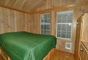 Douglas CenterArrowhead Camping Resort Deluxe Cabin 4的木制客房内的一间卧室配有一张绿色的床