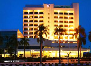 米里美里王朝酒店的享有酒店前方棕榈树的夜景